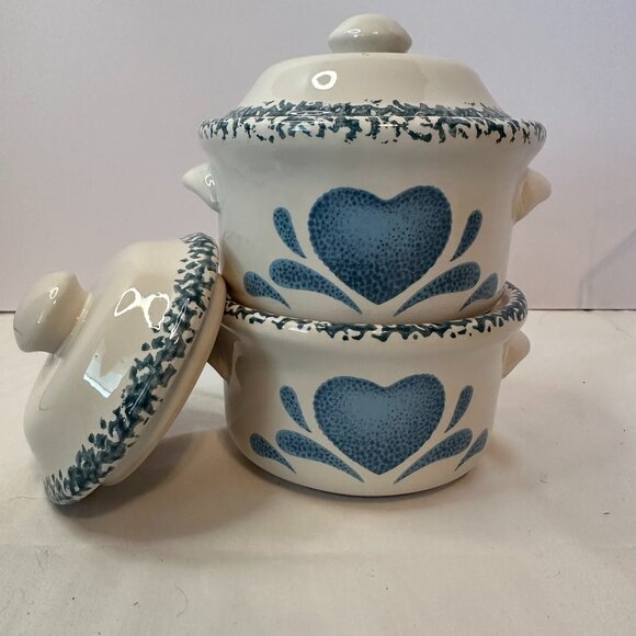 Corelle Inspired Blue Heart Stoneware Soup, Chili 2-Crocks Spongeware Vintage - Picture 1 of 13